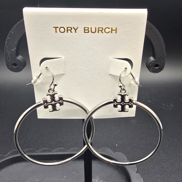 Tory Burch Jewelry - Tory Burch Stacked T-Logo Hoop Earrings Silver-Tone Plate Brass - New w/Card
